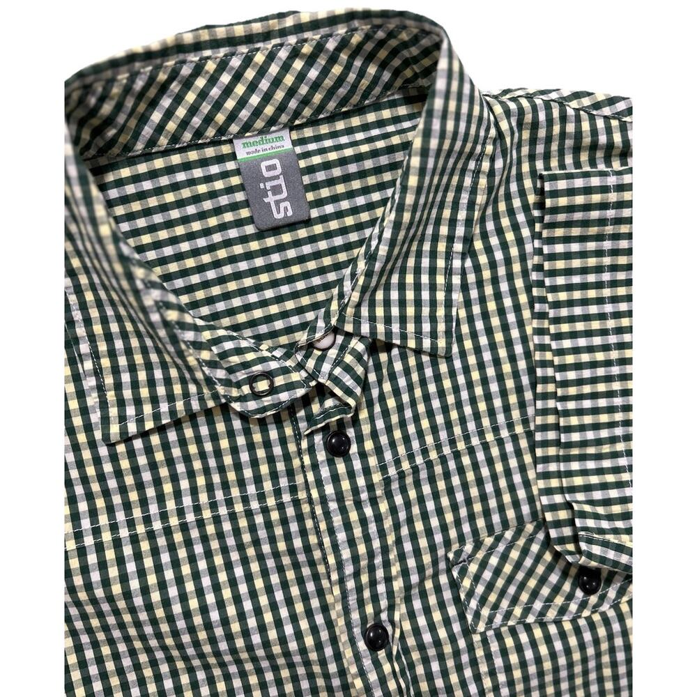 Stio Men’s Medium Snap Button Shirt Green Check Pearl Snap Front Cotton Blend